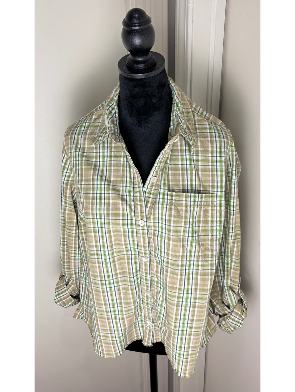 Upcycled Plaid Button Up Women Small Boxy Crop Raw Hem Green Beige
